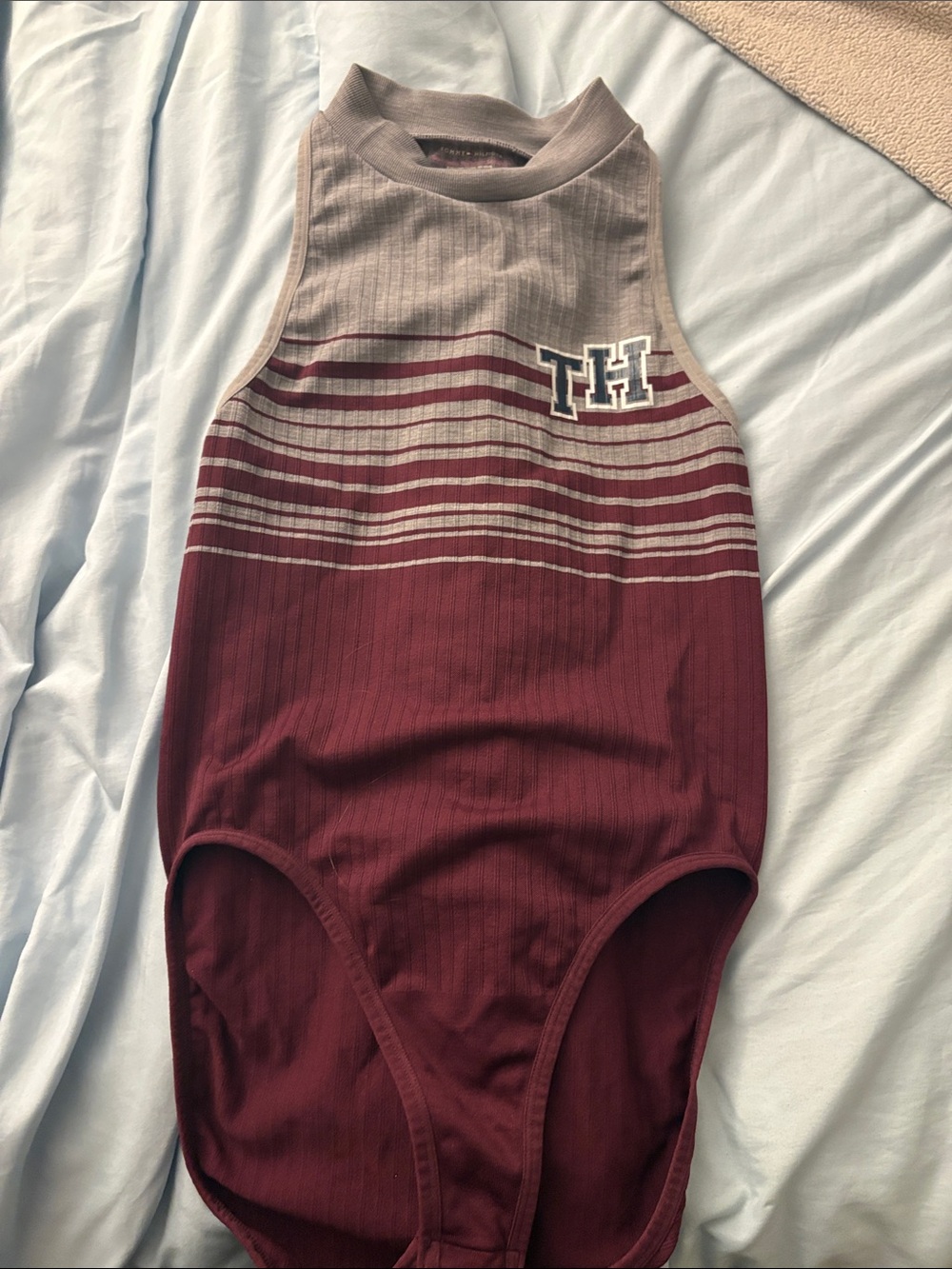 Tommy Hilfiger Maroon and Beige Striped Ribbed One-Piece Bodysuit